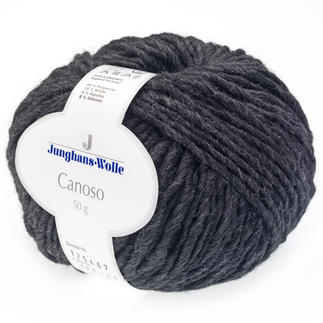 Canoso von Junghans-Wolle, anthrazitfarbene Wolle in Knäuelform.