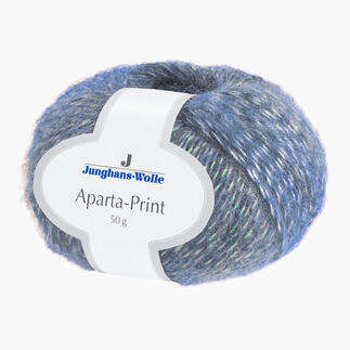 Wolle Aparta-Print in Blau, 50 g mit Etikett.