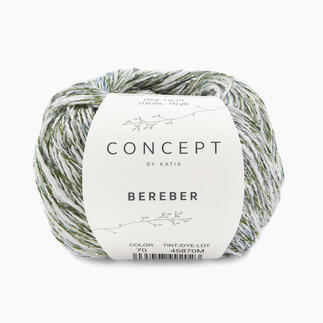 Katia Bereber, Garnknäuel in grün und weiß mit Etikett.