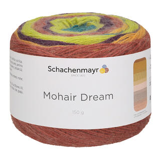 Mohair-Garn von Schachenmayr in Amber-Farbe mit Etikett.