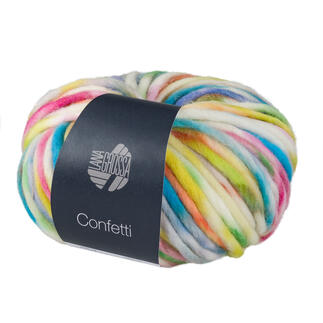 Wolle 'Confetti' in der Farbe Flieder/Blauviolett/Rost/Senf/Rohweiß/Petrol, 50g.