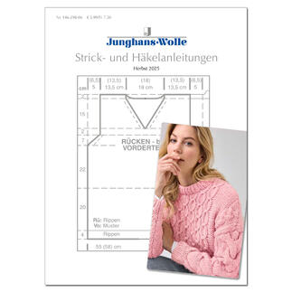 Anleitungsheft WoolDesign für Stricken und Häkeln im Herbst 2025 mit einem Bild einer Frau.