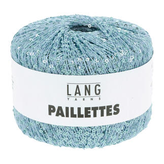 Hellblaues Paillettes-Garn von LANG Yarns in einer runden Verpackung
