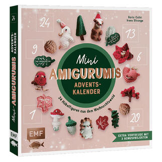 Buchcover für den Mini Amigurumis Adventskalender mit Häkelfiguren.