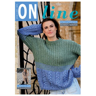 Heft ONline Stricktrends Nr. 65 mit einer Frau in einem grünen und blauen Pullover.