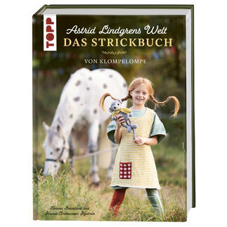 Buchcover von 'Das Astrid Lindgren Strickbuch' mit einem Kind und einem Pferd.