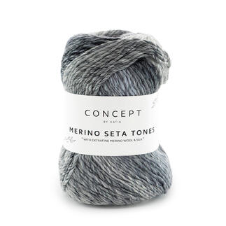 Katia Merino Seta Tones Garn in grauen Farbtönen mit Etikett.