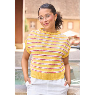 Gelber Pulli mit bunten Streifen, Modell aus Basic Cotton von Pro Lana.