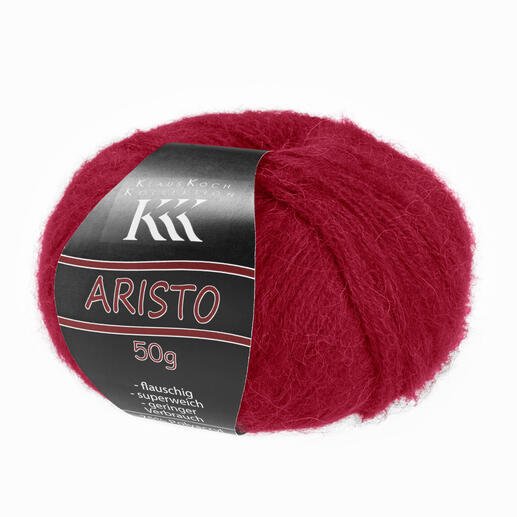 Wollknäuel von 'Aristo' in Rot auf weißem Hintergrund.
