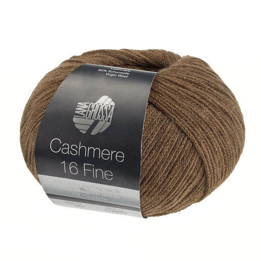 Ein Knäuel Cashmere 16 Fine in graubrauner Farbe mit Etikett.