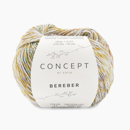Katia Bereber in bunten Farben Gelb/Grün/Orange/Blau/Weiß, Garnknäuel mit Etikett.