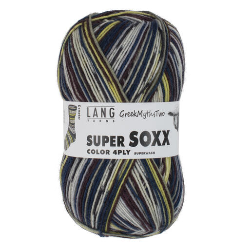 Sockenwolle Super Soxx Greek Myths Two 4-fach in bunten, kühlen Farbtönen mit dem Label von LANG Yarns.