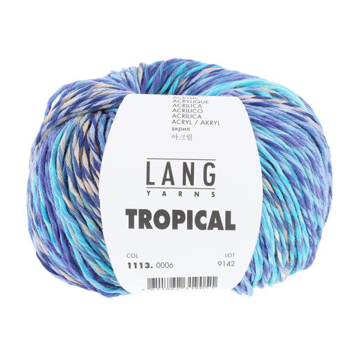 Tropical Wolle von LANG Yarns in Blau/Türkis mit dem Label.