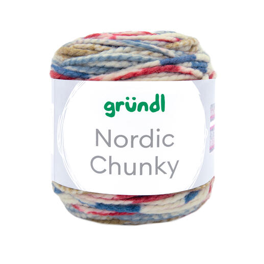 Wollknäuel Nordic Chunky in Blau/Rot/Natur, 100g.