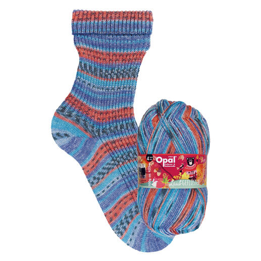 Sockenwolle Laubgeflüster 4-fach von Opal in bunten Farben, abgebildet mit einem gestrickten Socke.