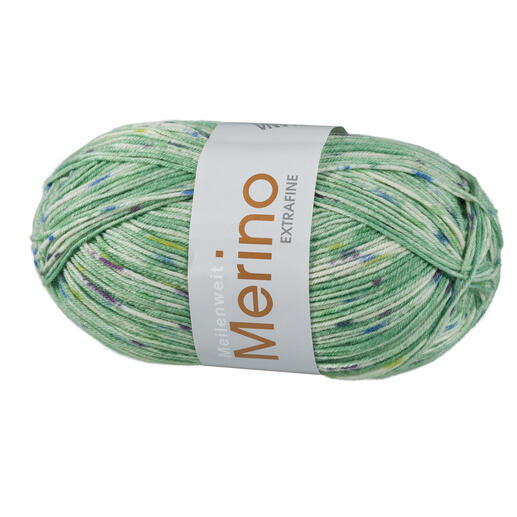 Sockenwolle Meilenweit 100 Merino Extrafine Stella in Apfelgrün mit bunten Akzenten.