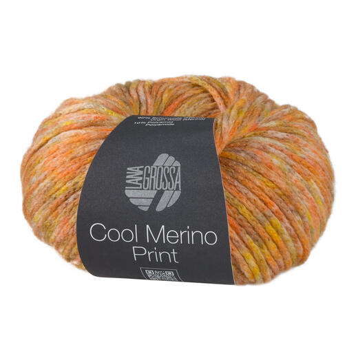 Cool Merino Print von Lana Grossa, gelb-orange-camel-helloliv Wolle in einem runden Knäuel.