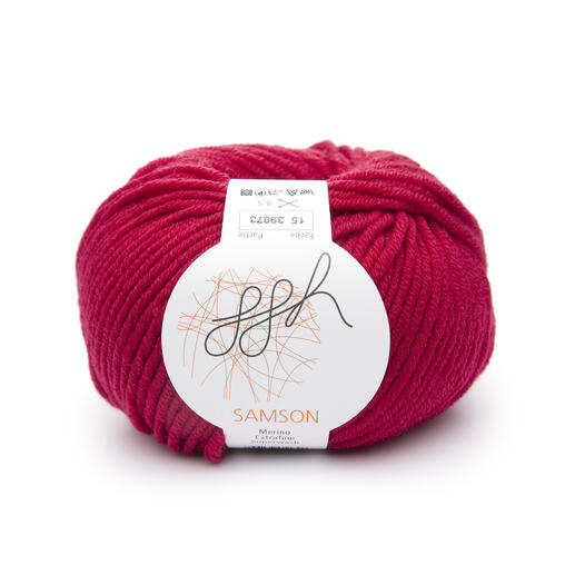 Garn 'Samson' von ggh in Chilirot, in einem Wollknäuel präsentiert.