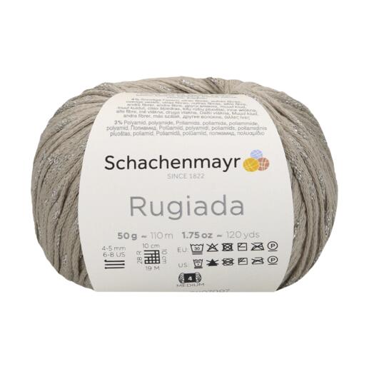 Wollknäuel Rugiada von Schachenmayr in der Farbe Sand mit Etikett.