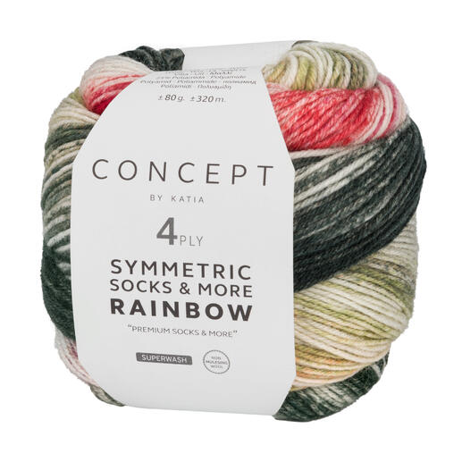 Sockenwolle Symmetric Socks & More Rainbow von Katia in grün/orange/koralle, 80g.