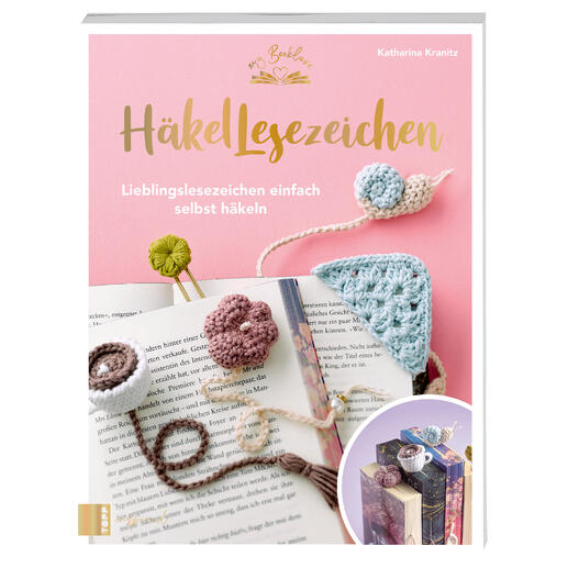 Buch über Häkellesezeichen mit farbigen Illustrationen und verschiedenen Musterbeispielen.