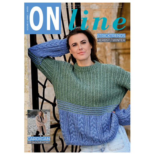 Heft ONline Stricktrends Nr. 65 mit einer Frau in einem grünen und blauen Pullover.