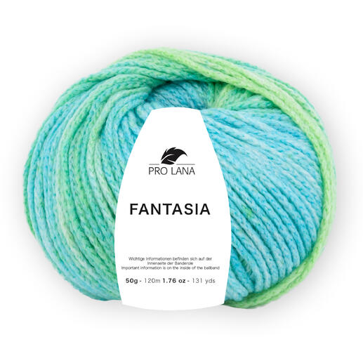 Wollpaket Pro Lana Fantasia in türkisgrünen und anderen Farbtönen.