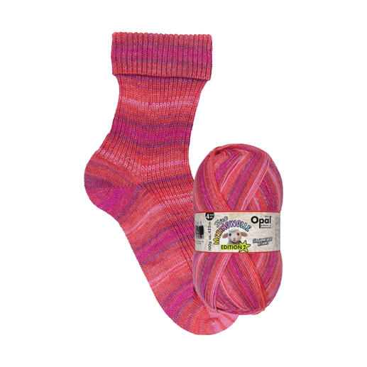 Rosa Socke aus Opal Merinowolle Edition II mit passendem Wollknäuel.