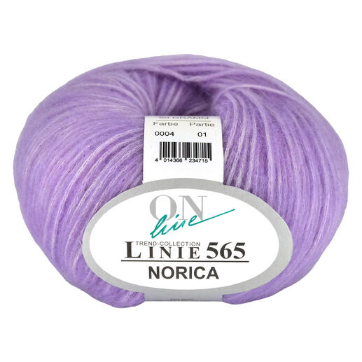 Wollgarn Linie 565 Norica von ONline in lila Farbe mit Etikett.