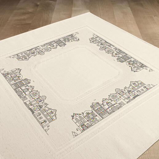 Tischdecke mit einer Stadtlandschaft in Schwarzweiß und bunten Details