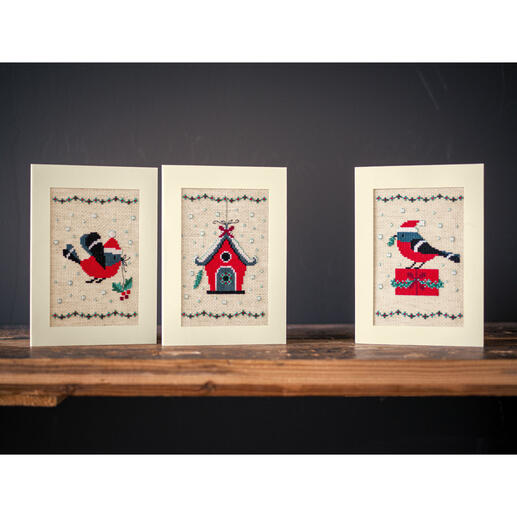 Drei Weihnachtskarten mit verschiedenen Vogelmotiven im Set.