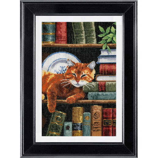 Kreuzstichbild - Katze im Bücherregal 