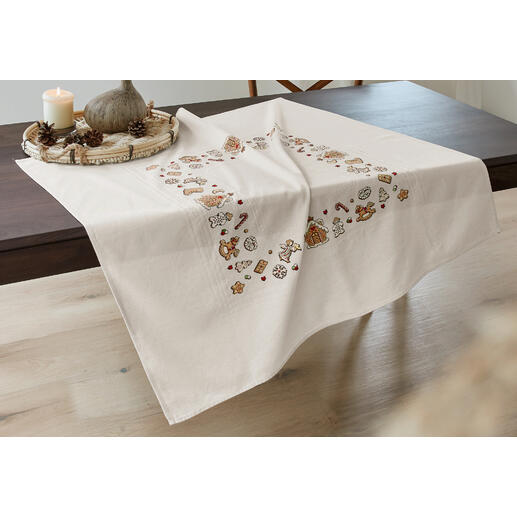 Tischdecke mit lebkuchenförmigen Mustern in herbstlichen Farben