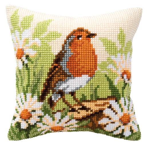 Kreuzstichkissen mit Motiv eines Rotkehlchens und weißen Blüten.