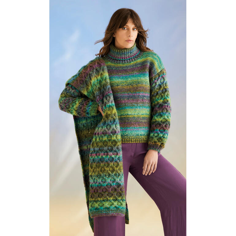 Bunter Pullover mit Schal aus Pirouette XL, lässig geschnitten mit hohem Kragen.