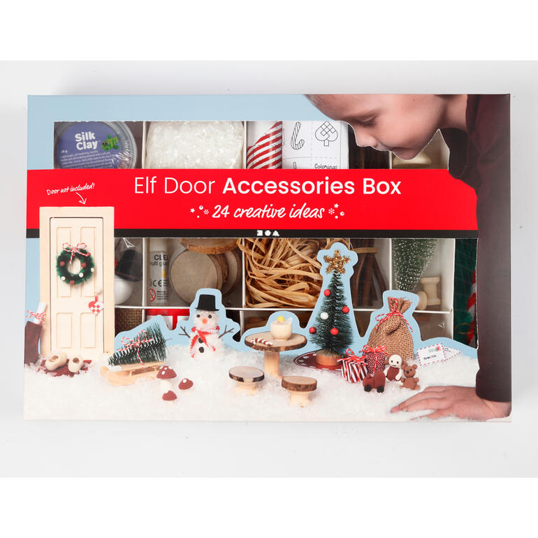 Zubehörbox mit verschiedenen Teilen für das Kreativ-Set Wichteltür.