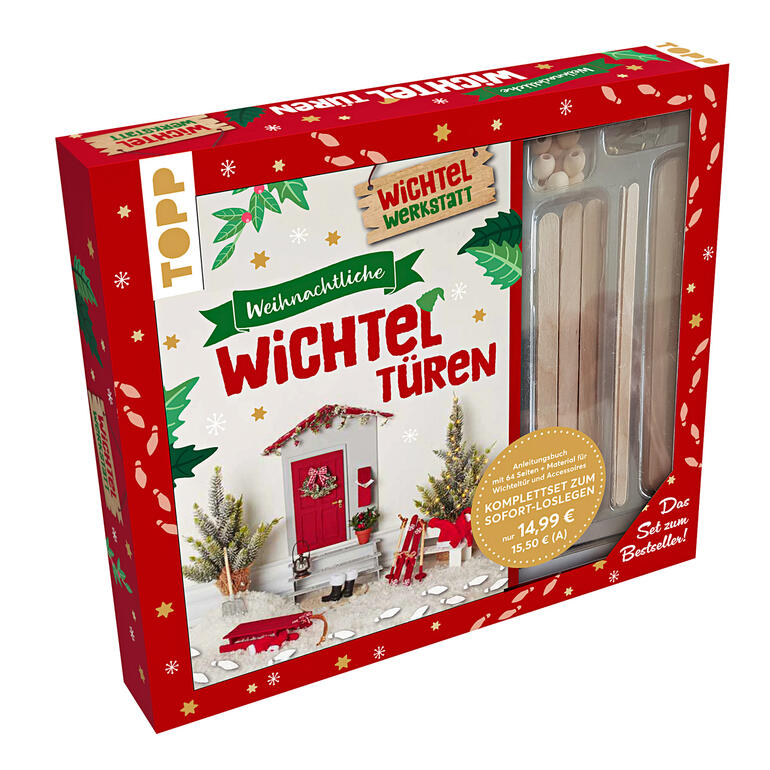 Kreativ-Set für Wichteltüren, inklusive Anleitung und Materialien in einer Verpackung.