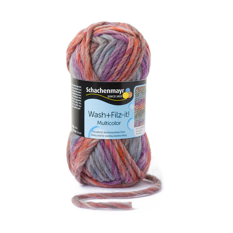 Bunte Wolle 'Wash+Filz-it! multicolor' von Schachenmayr mit warmen Farbtönen.