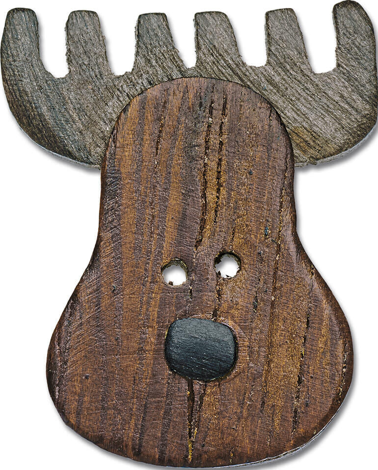 Holzknopf in Rentierform mit brauner Holzoberfläche und zwei Löchern.