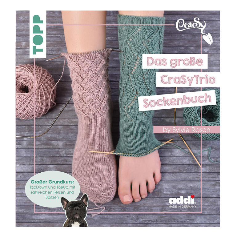 Buchcover Das große CraSyTrio-Sockenbuch mit zwei gestrickten Socken