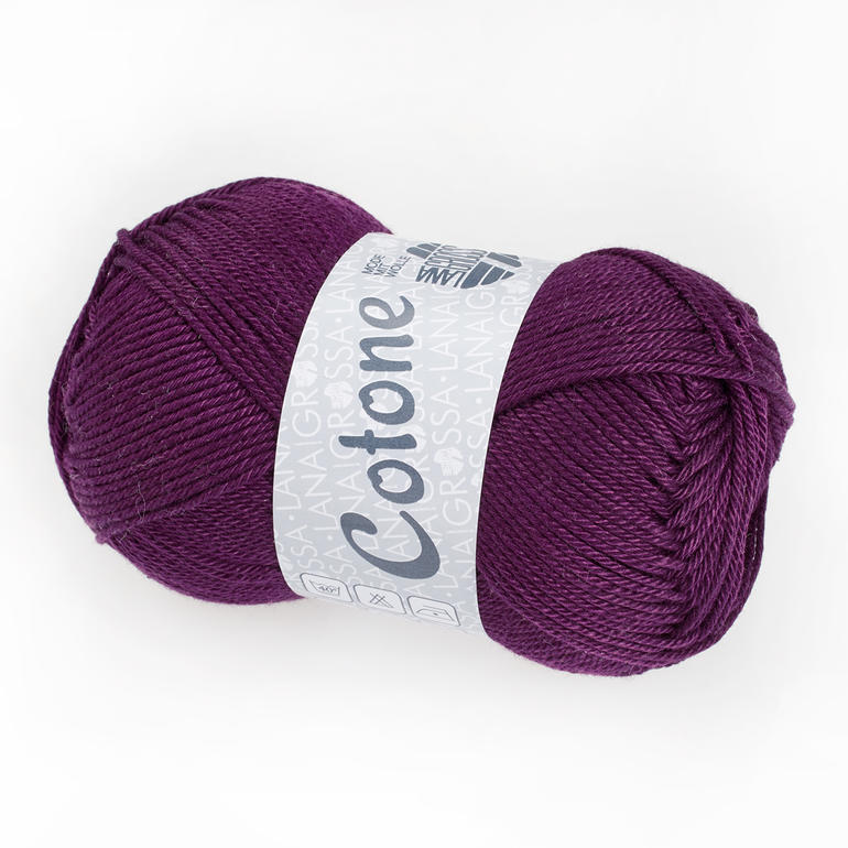 Cotone Uni Wolle in Farbe Lila mit grauem Etikett von Lana Grossa.