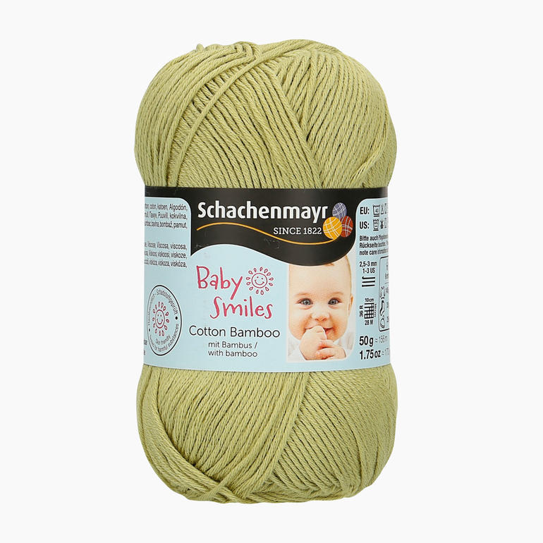 Baby Smiles Cotton Bamboo von Schachenmayr, grashüpfersfarbene Baumwoll-Bambuswolle in einem Knäuel.
