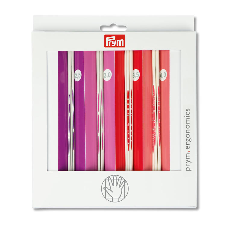Set ergonomische Strumpfstricknadeln von Prym in verschiedenen Größen, 6 Stück.