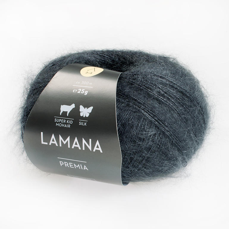 Dunkelgraue Garnrolle mit Etikett, Mischung aus Mohair und Seide