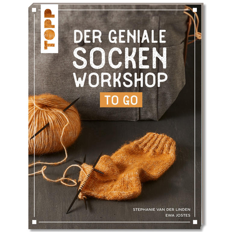 Buchcover für den geniale Socken-Workshop, zeigt orangefarbene Socke und Wolle.
