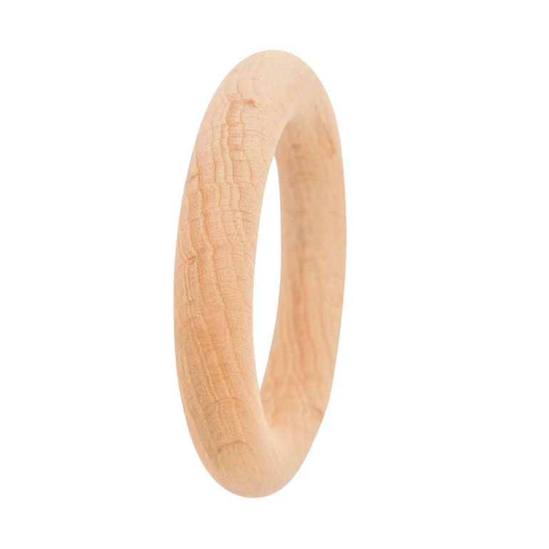 Beißring aus hellem Buchenholz in runder Form.