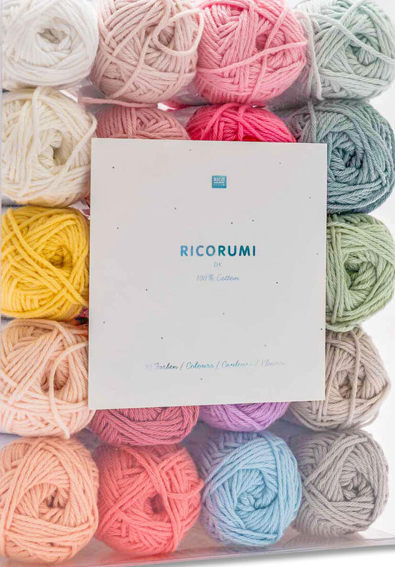 Bunte Wollpackung mit 20 Pastellfarben von Creative Ricorumi.