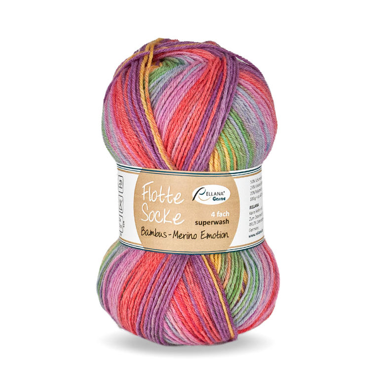 Sockenwolle Flotte Socke Bambus Merino Emotion 6 von Rellana, bunte Wolle in einem Knäuel.