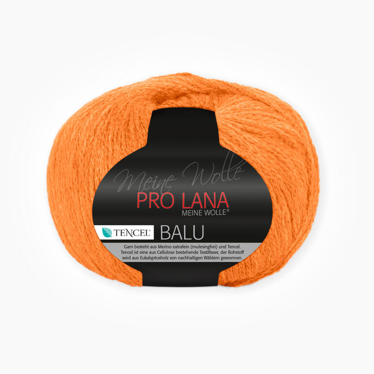 Balu von Pro Lana, orange Garn in einem runden Knäuel.