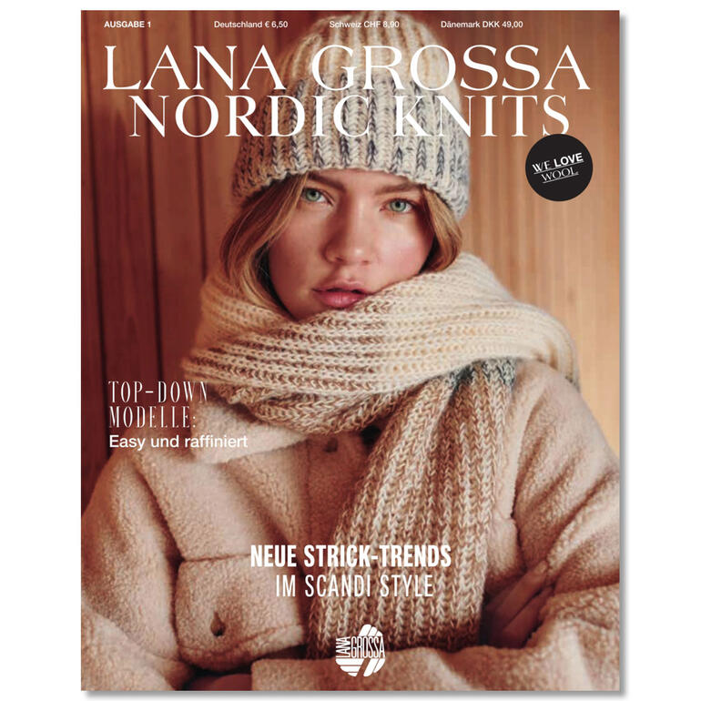 Cover des Hefts 'Nordic Knits' mit Modell, das Schals und Mützen trägt.